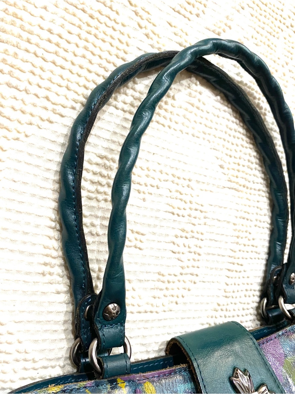 Patricia Nash Leather Satchel Purse Deep Blue Nature Floral Printed Accents - Picture 6 of 16